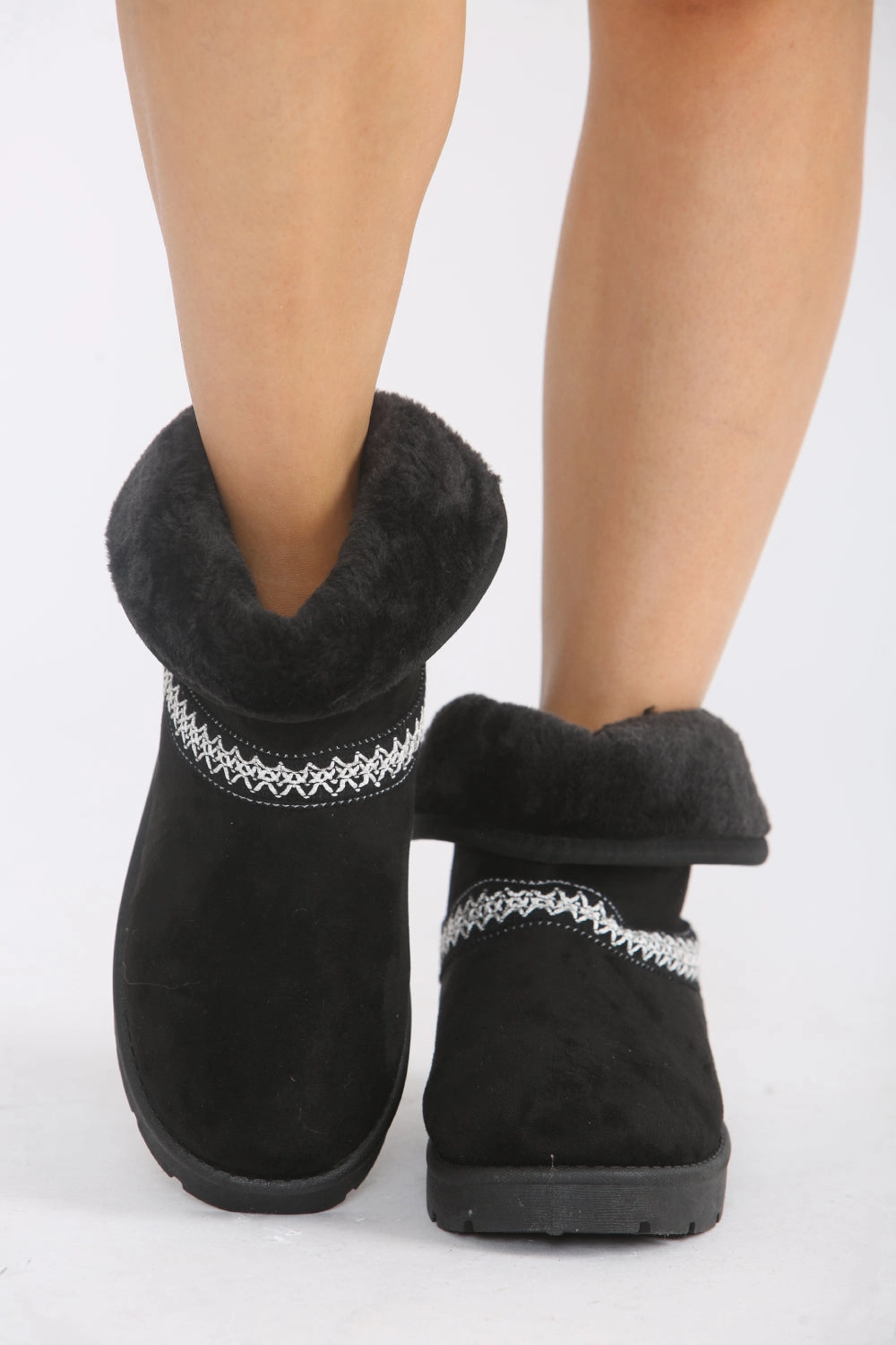 BLACK FOLD OVER EMBROIDED AZTEC DETAIL FULLY FUR LINED BOOT Motorcycle Boots Street