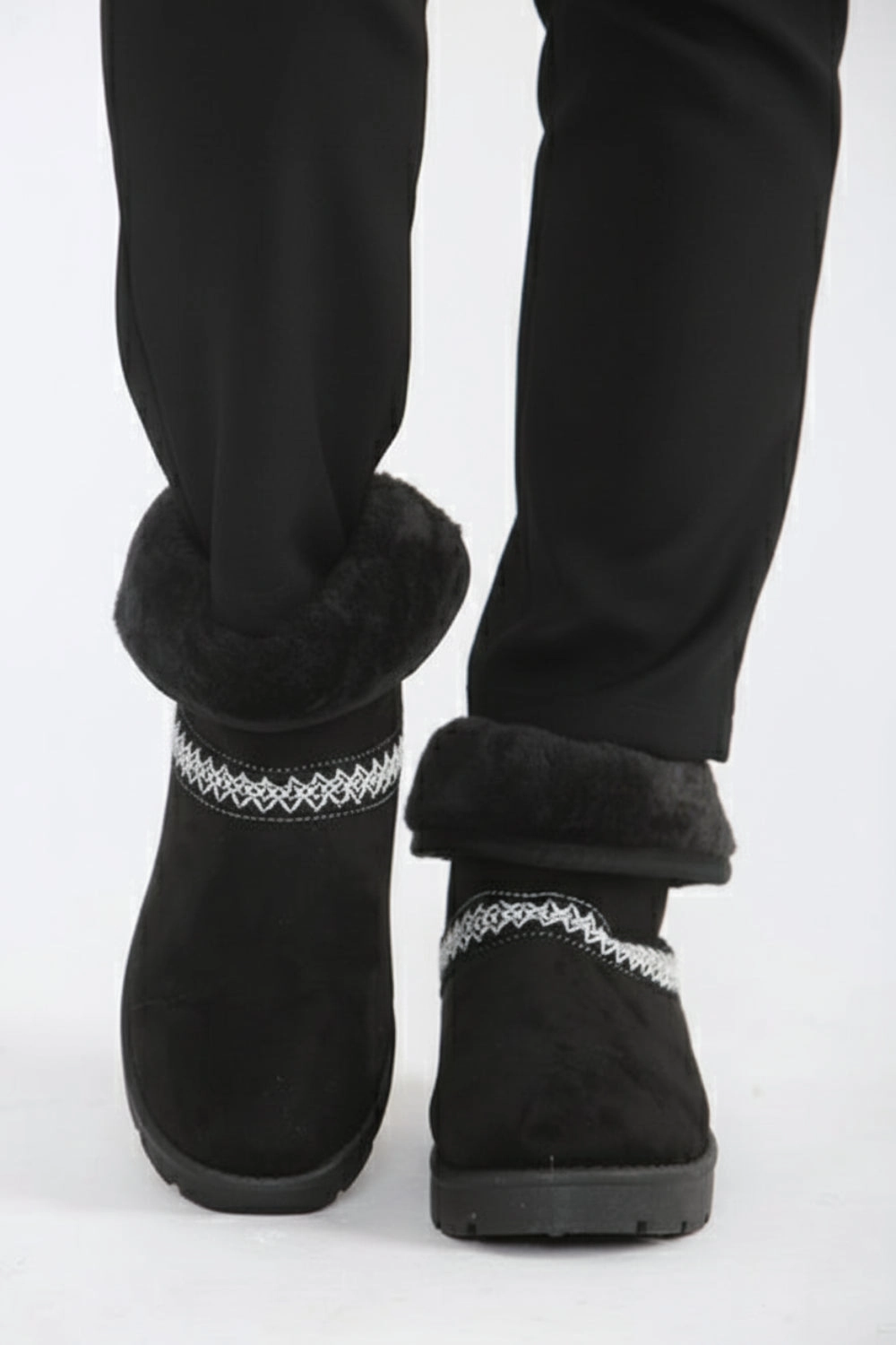 BLACK FOLD OVER EMBROIDED AZTEC DETAIL FULLY FUR LINED BOOT Autumn Boots