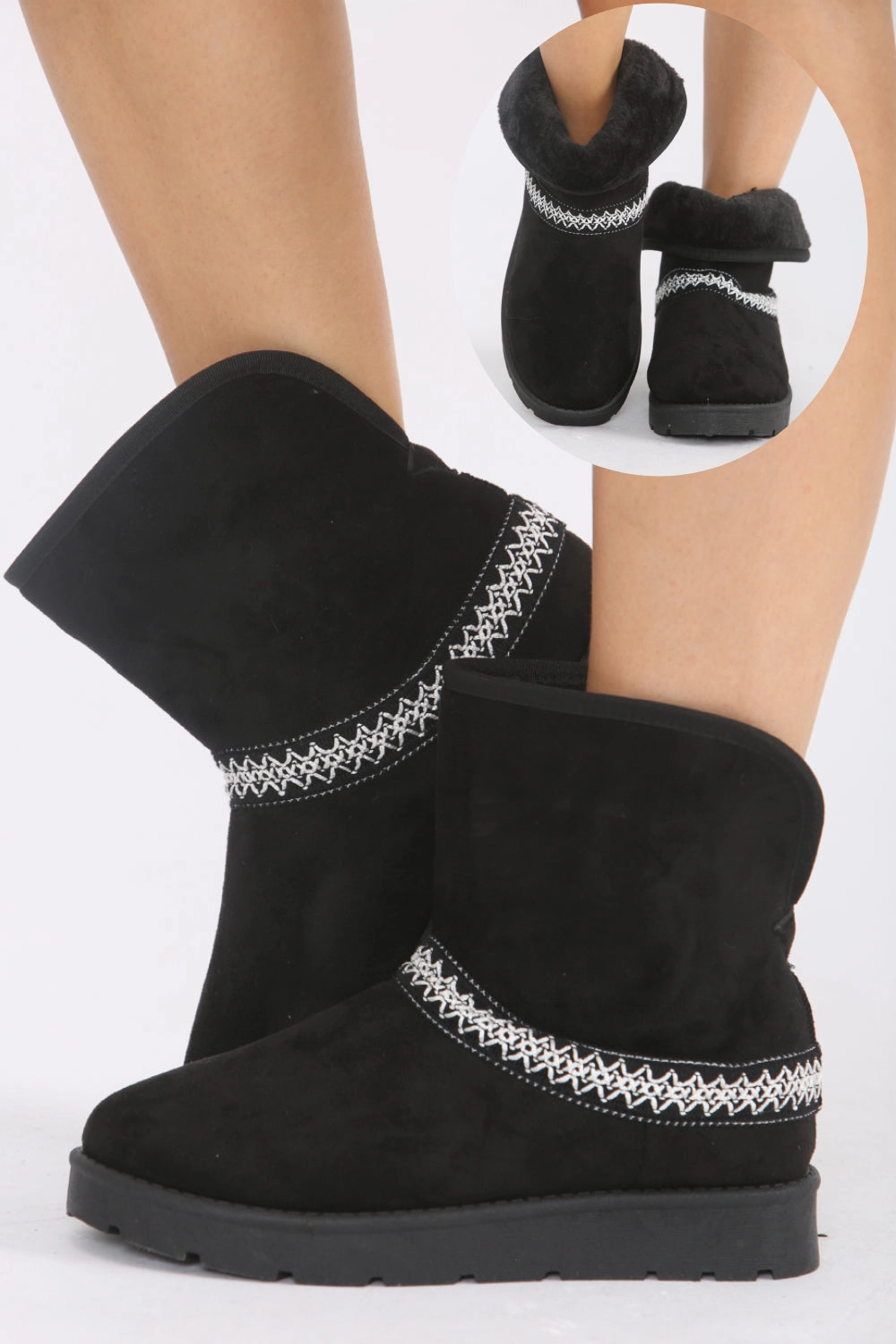 Mexican Cowboy Boots BLACK FOLD OVER EMBROIDED AZTEC DETAIL FULLY FUR LINED BOOT