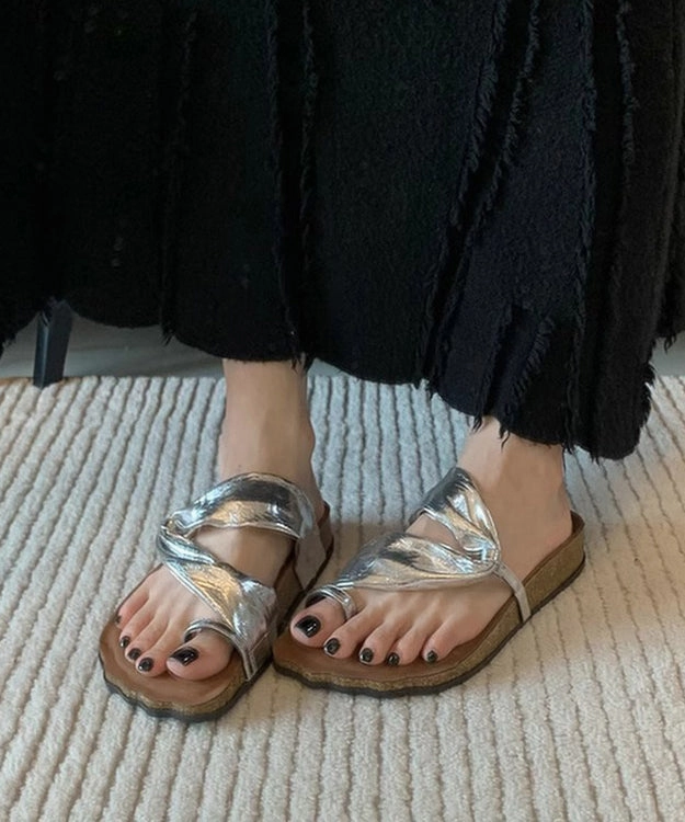 Unique Splicing Platform Flip Flops Silver Faux Leather QK042 Cushion Luna Flip Flops