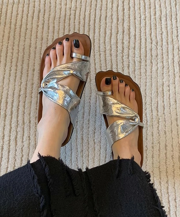 Unique Splicing Platform Flip Flops Silver Faux Leather QK042 Qvc Flip Flops