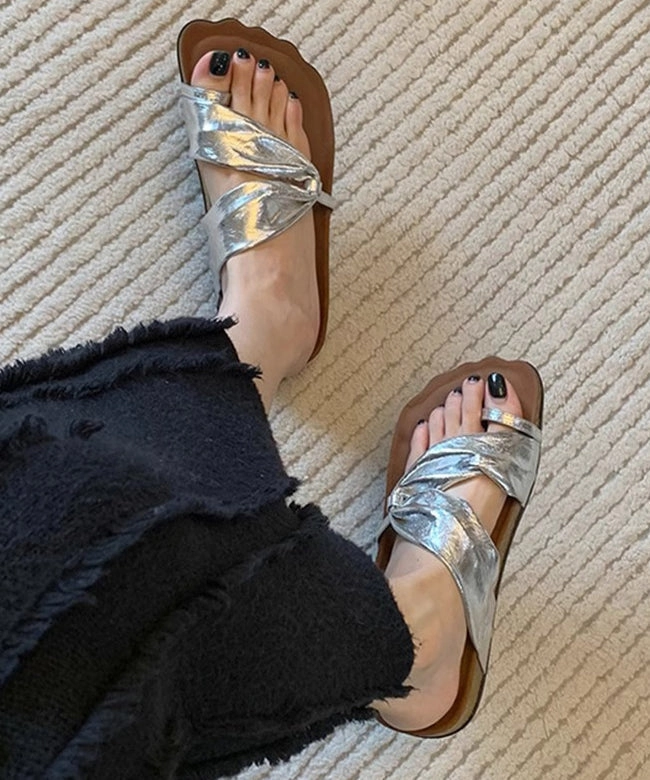 Unique Splicing Platform Flip Flops Silver Faux Leather QK042 Rainbow Flip Flops Sale