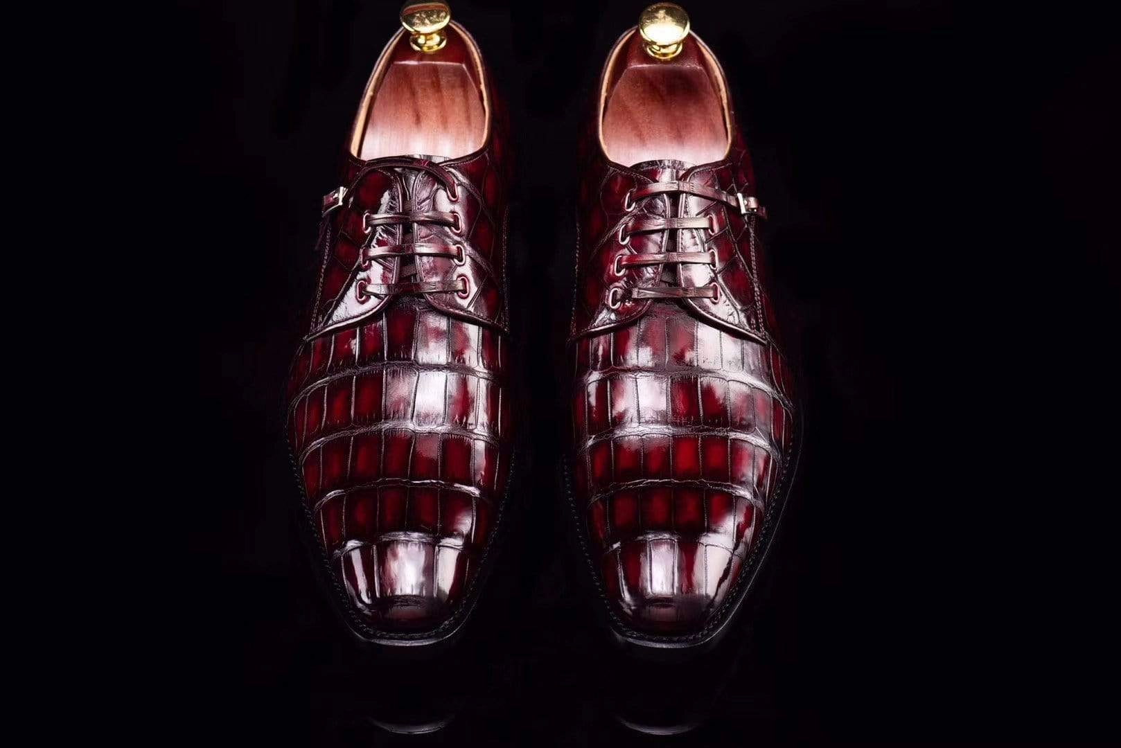 Crocodile Shoes Lace-Up Shoes In Wine Red Crocodile Skin Leather Ride Boots