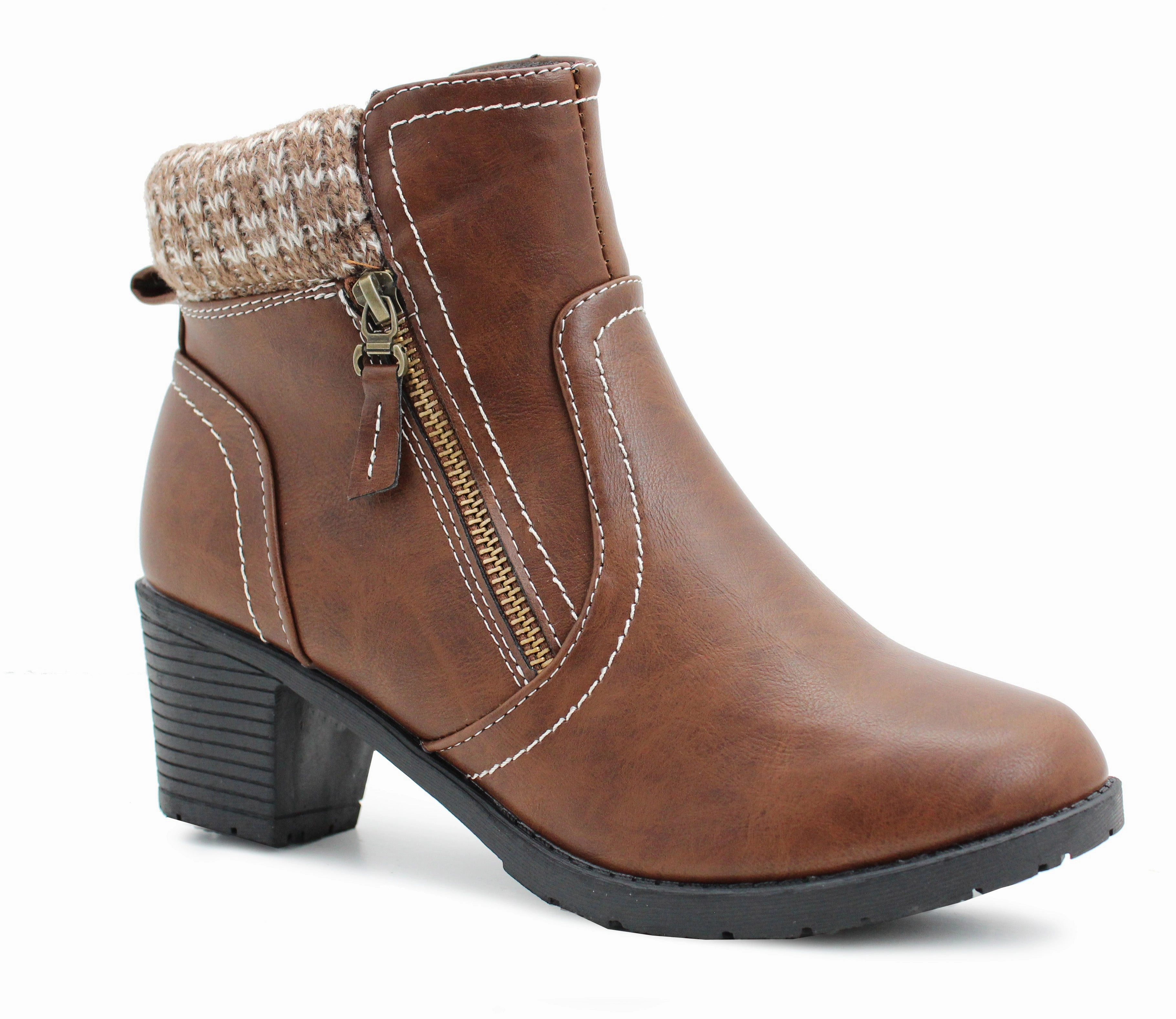 Womens Mid Heel Brown Ankle Boots Ladies Zip Up Casual Fashion Block Heel Booties Cleated Sole Ankle Boots