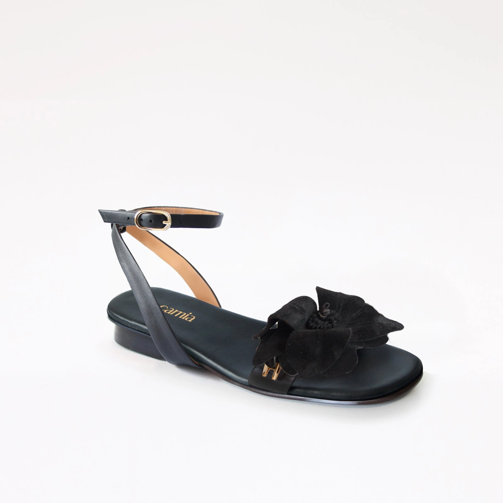 Poolside Sandals Black Flat Swap Sandal Charcoal Camia Flower