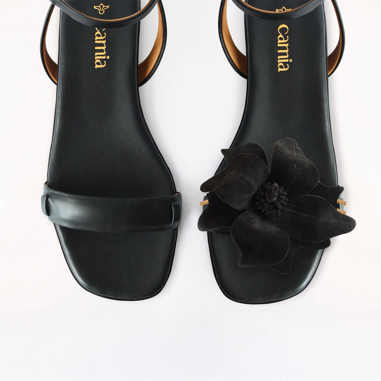 Black Flat Swap Sandal Charcoal Camia Flower Sandals Caribbean Jamaica