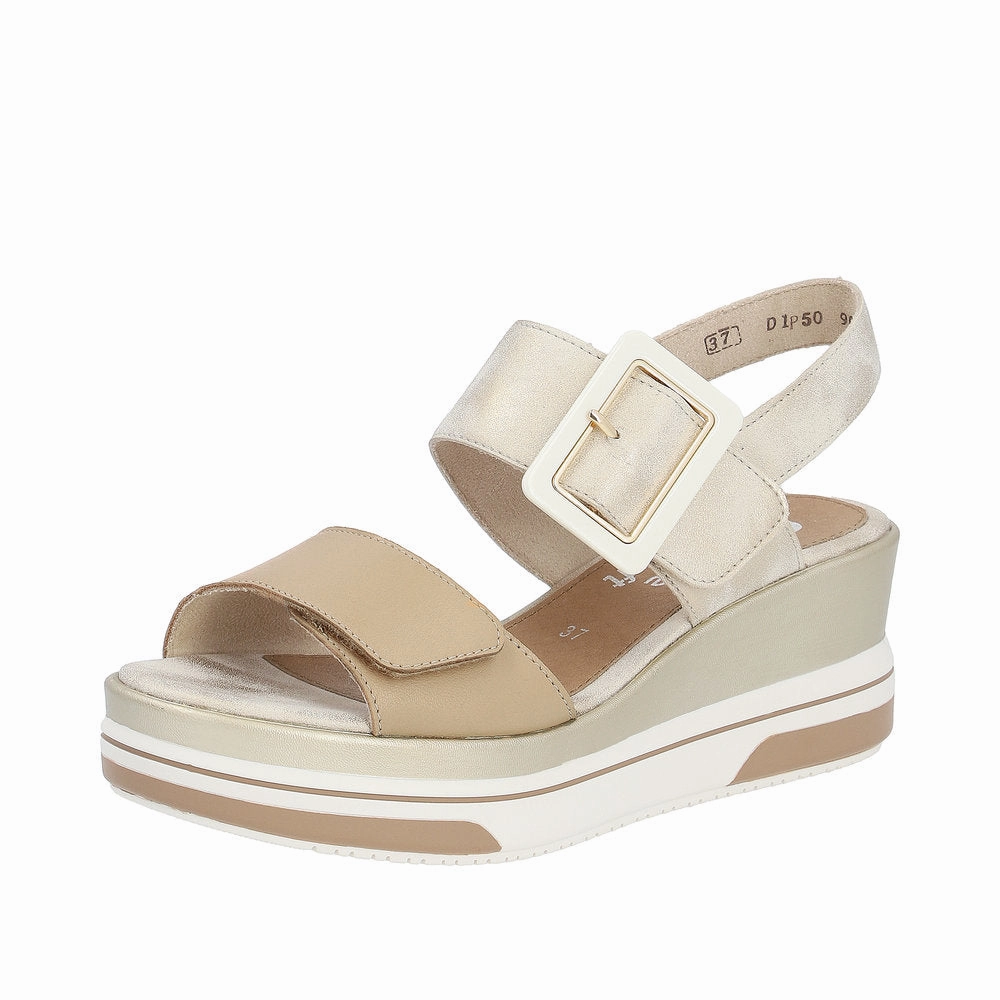 Poolside Sandals Remonte D1P50-90  Ladies Metallic Gold Nude Leather Touch Fastening Sandals