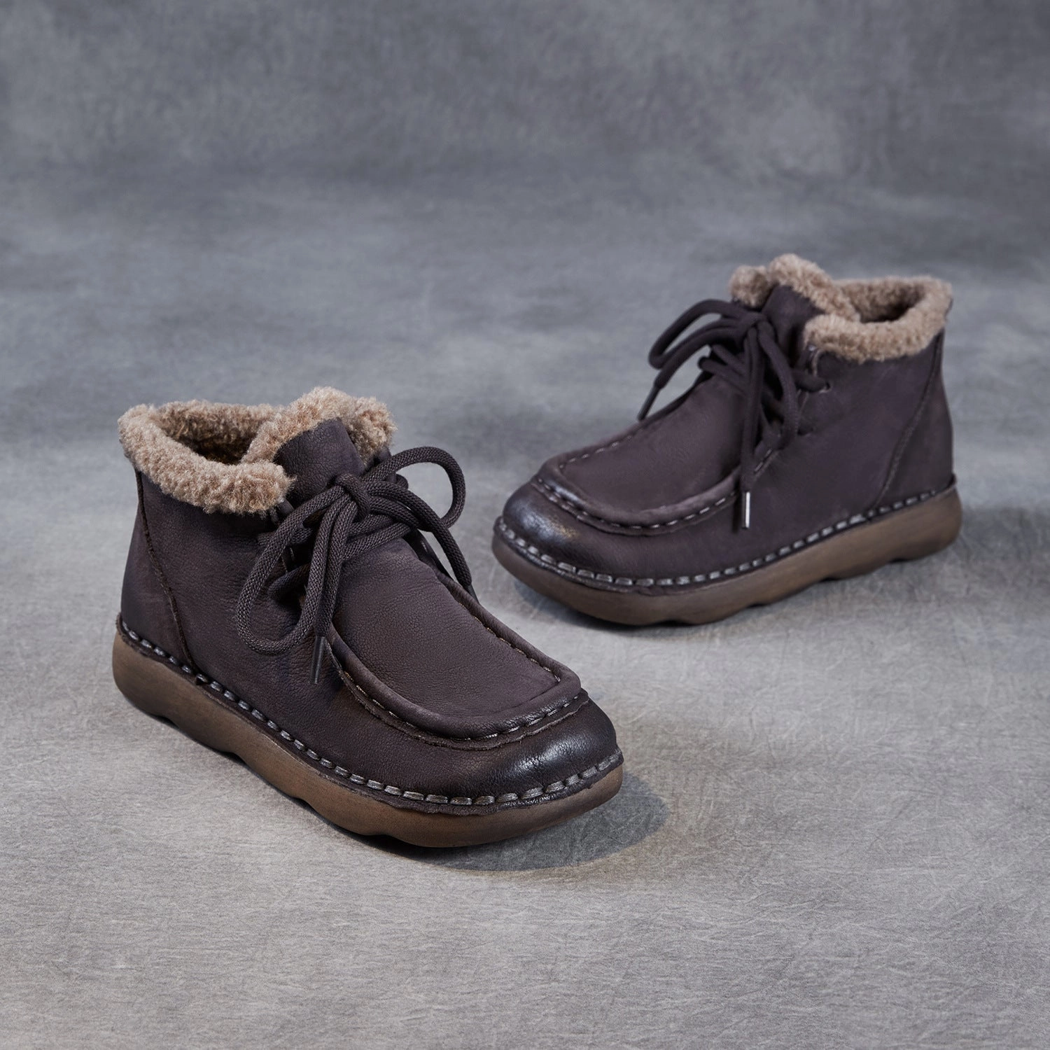 Women's Retro Leather Warm Furred Ankle Boots Lace Up Ankle Boots Stiletto