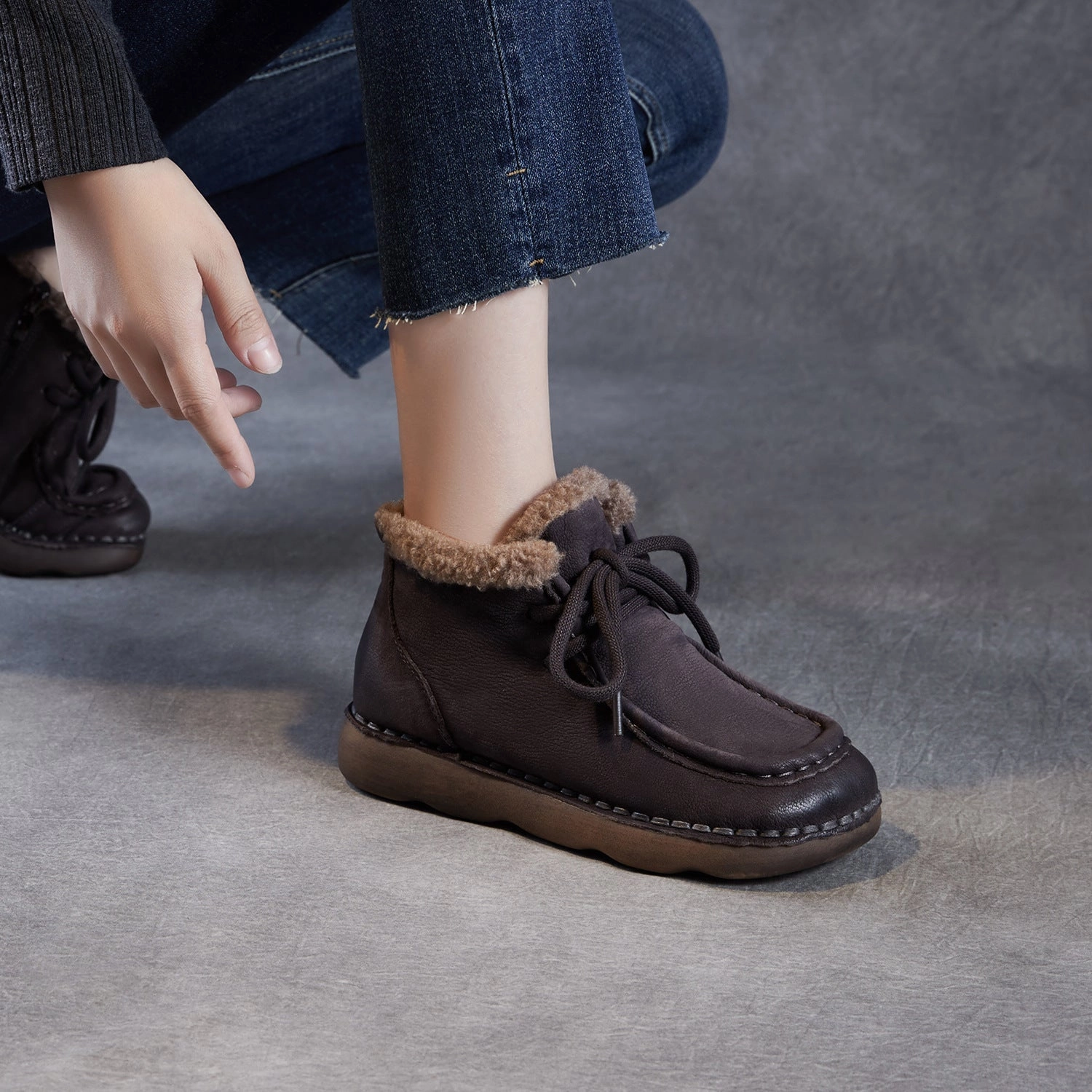 Women's Retro Leather Warm Furred Ankle Boots Heel Lace Up Ankle Boots