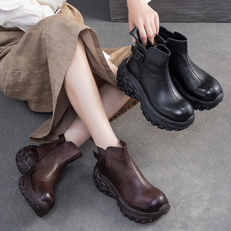 Women's Vintage Chunky-Sole Leather Ankle Boots Flat Sock-style Ankle Boots