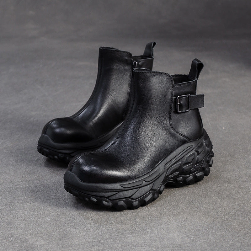 Cowboy Ankle Boots Women's Vintage Chunky-Sole Leather Ankle Boots