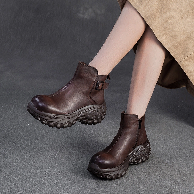 Women's Vintage Chunky-Sole Leather Ankle Boots Ankle Boots With Pouch