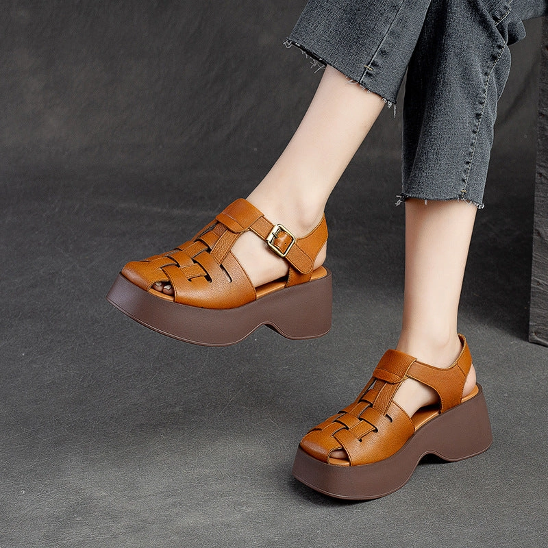 Woven Sandals Leather Women Summer Handmade Plaited Leather Platform Sandals