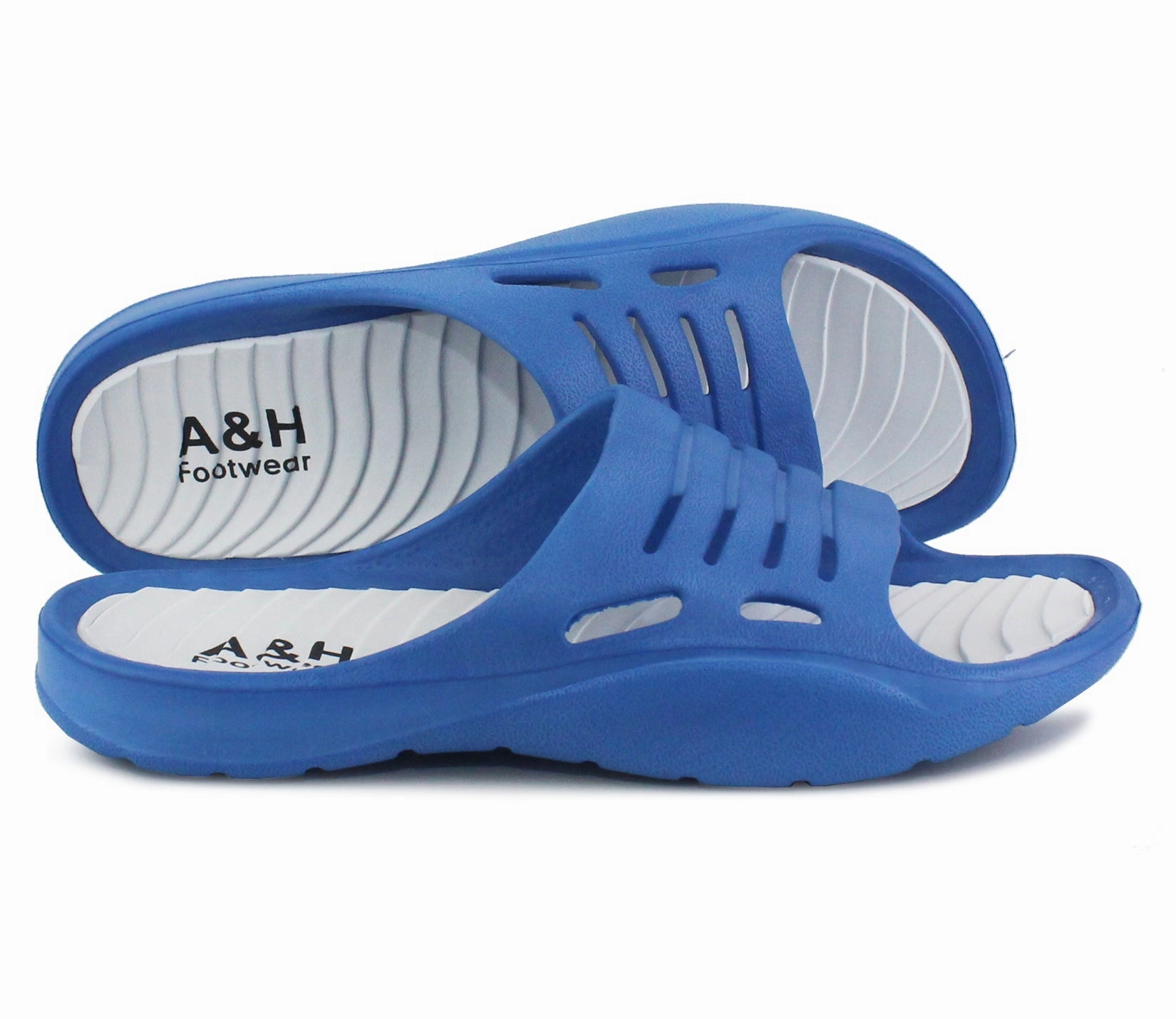 Womens EVA Pool Sliders in Blue/White Leather Metallic Flip Flops